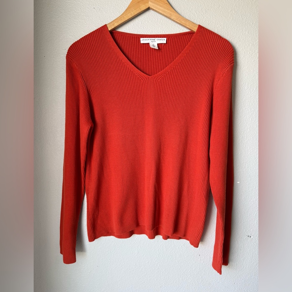 Josephine Chaus Sport Red Orange Ribbed V-Neck Sweater Women’s Size XL